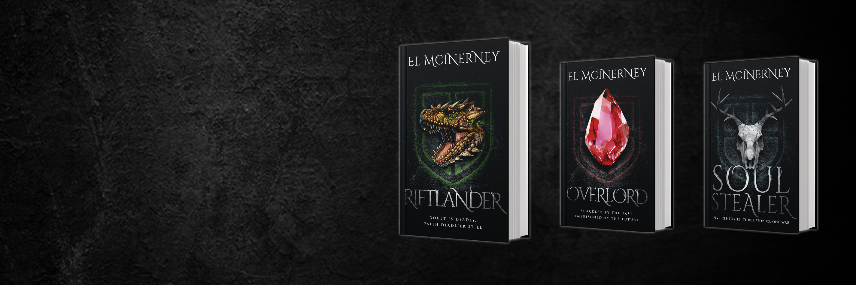 Three books by El McInerney on a dark background